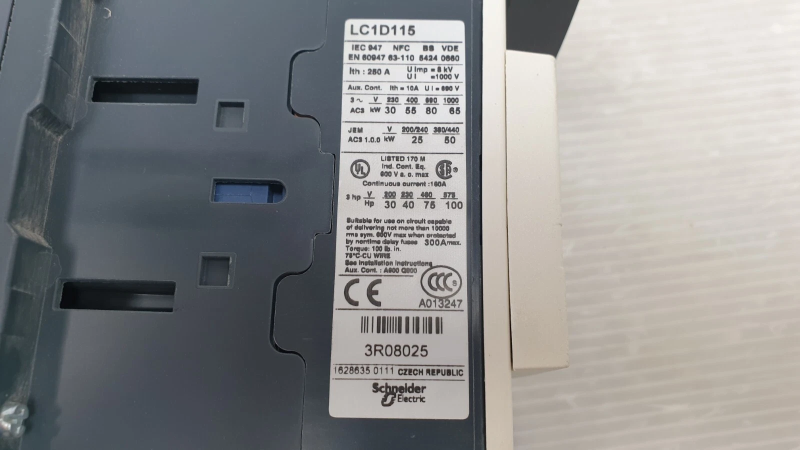 LC1D115 rating label: Ith 250 A, AC3 55 kW at 400 V, 75 hp at 460 V, Schneider Electric