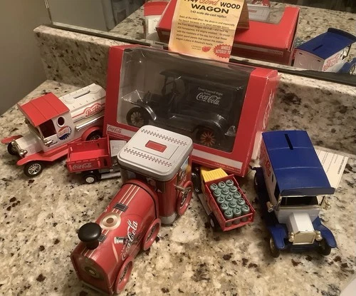 Vintage LOT 5 Die Cast Trucks 3 Coca Cola + 2 Pepsi Cola + Coke Train Music Box