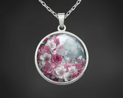 Halskette Kette Mit Rundem Glas Anhänger Silber Edelstahl Blumen Pink Geschenk - Bild 1 von 4