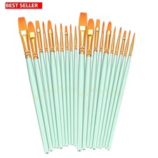 Paint Brush Set 20 Pcs Nylon Hair Round Flat Tip Green Acrylic