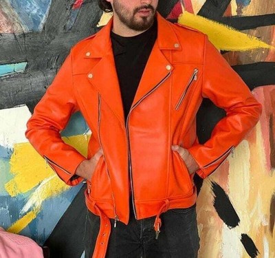 New Orange Leather Jacket Men Biker Moto Racer Pure Lambskin Size S M L XL XXL