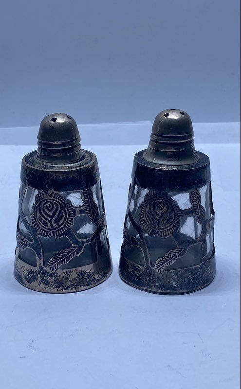Mexican Sterling Silver 925 Rose Overlay Glass Salt Pepper Shaker Set 2 Piece