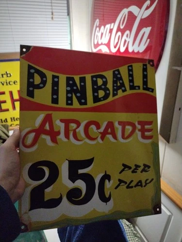 VINTAGE LARGE PINBALL ARCADE AMUSEMENT PARK CIRCUS PORCELAIN ADVERTISING SIGN