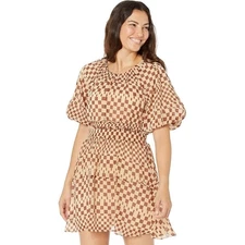 NWT Anthropologie Moon River Mini Dress Sz XS Cutout Checkered Puff Sleeve Brown