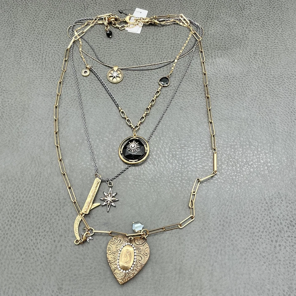 Collar en Capas Chico's Dijes Celestiales Corazón Medallón Tono Dorado Cristal Negro Foto 2 de 4