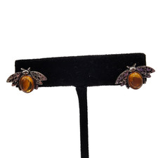 Vintage Insect Bug Earrings Pierced Stud Silver Tone Amber-Colored Cabochon