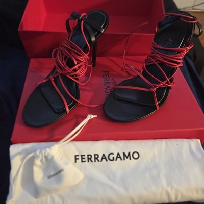 Ferragamo Black/Red Leather Strappy Open Toe Ankle Wrap Heels Women s 9
