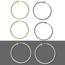 Pair of 1 3/8 inch Clip on Hoop Earrings With Spring Closure for Pierced Look