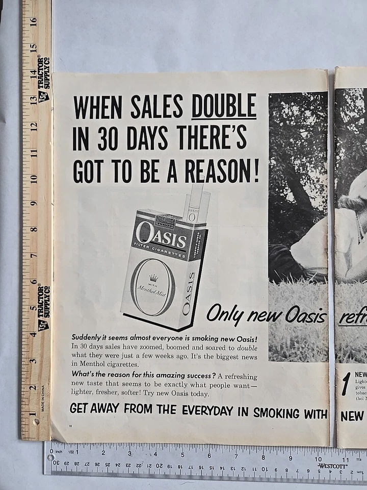 Anuncio impreso de colección OASIS 1959 cigarrillos de gran tamaño 2 páginas 14x21" hombre mujer mentol Foto 3 de 4