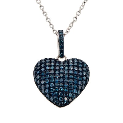 Womens Enhanced Blue Diamonds Heart Pendant Sterling Silver Necklace, New