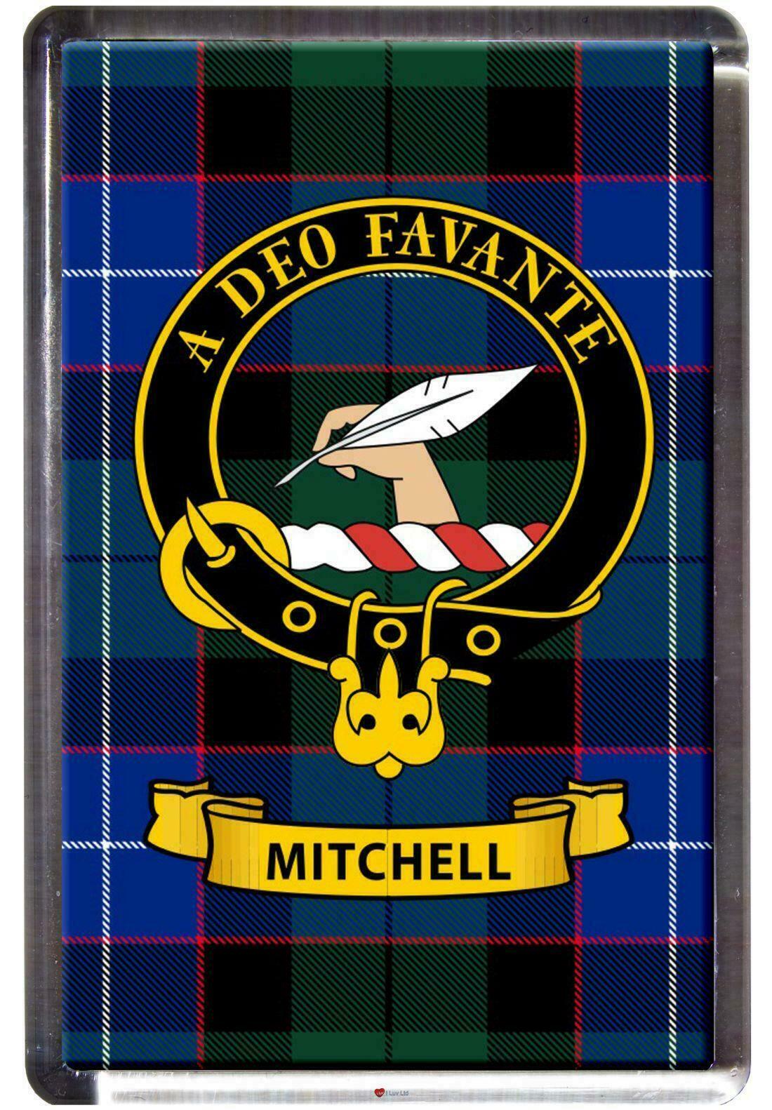 Mitchell Tartan Fridge Magnet with Scottish Clan Crest on Clear Acrylic Base