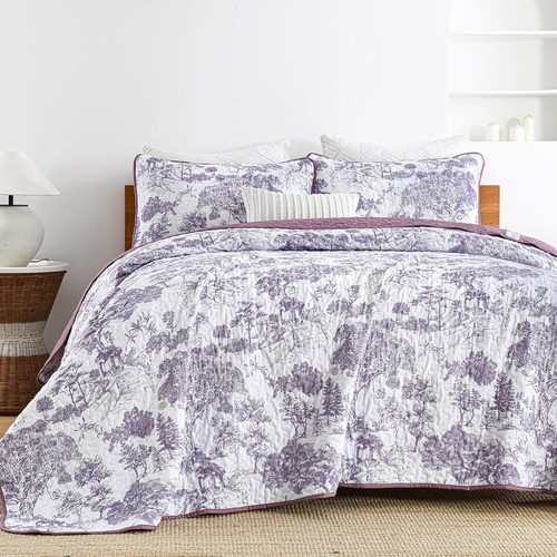 WONGS Queen 3-Pc Botanical Quilt Set-Toile Floral Microfiber Coverlet All Season - Picture 74 of 103