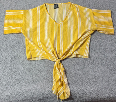 TMG New York Yellow White Striped Short Sleeve V Neck Tie Front Top Size 2X