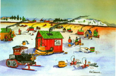 Ice Fishing Art Print shanty Model T snowmobile fisherman winter