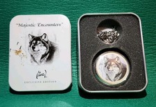 Al Agnew Avon Wolf Pocket Watch Silver Tone w/Chain w/Box 47mm, As-Is