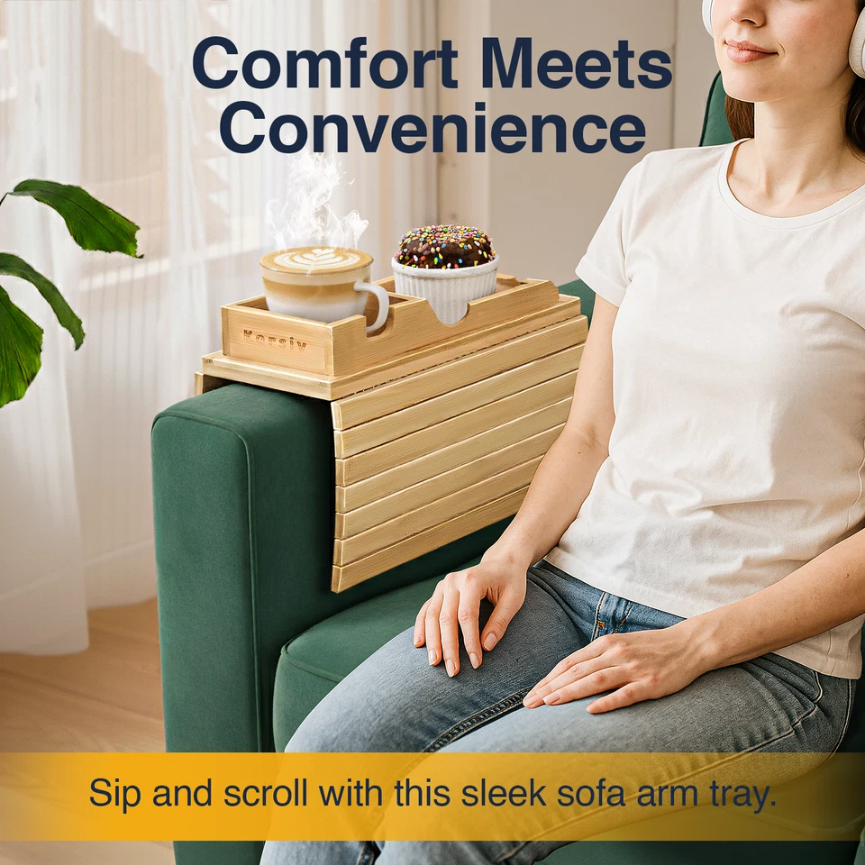 Korsiv Bamboo Couch Arm Table - Couch Arm Tray with Extra Removable Tray Durable - Image 2 of 4