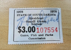 1978 South Dakota ($3)Resident Small Game Hunting License - Used/Signed - Lot Y 
