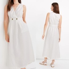MADEWELL White Button Waist Cotton/Linen Blend Wrap Midi Dress US 6 NWT