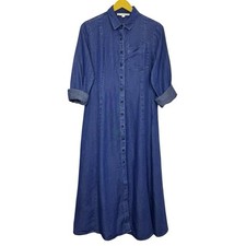 Loft Chambray Shirt Midi Maxi Dress Size 0 Blue Long Sleeves Pockets Linen Blend