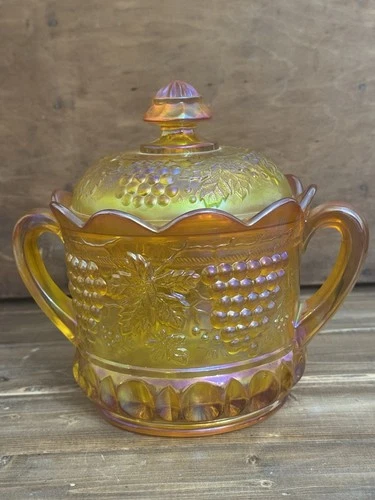 Vintage NORTHWOOD Iridescent Marigold Carnival Glass "Grape & Cable" Cracker Jar