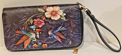 Beautiful Leather Handbag with Colorful Hummingbird and Flower Design and Strap