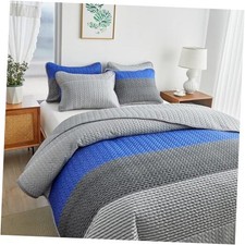 Boho Striped Quilt Set King Size, 3 Pcs King 104"x90" -1 Quilt  2 Shams Blue