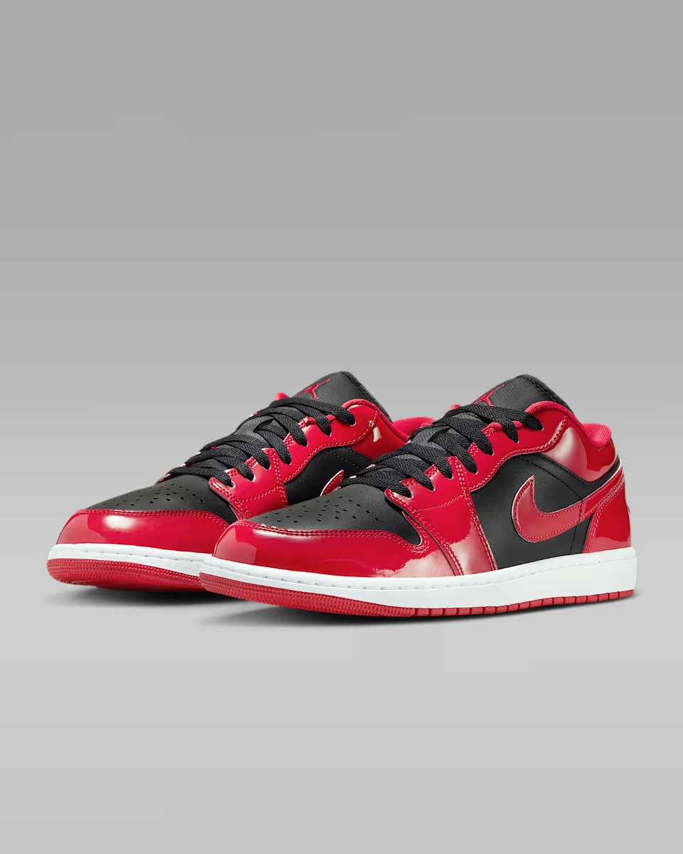 Air Jordan 1 Low SE Shoes Patent Bred Black Varsity Red Men's