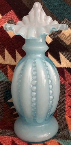 Fenton Blue Glass Beaded Melon Bowl Vase  9” Tall