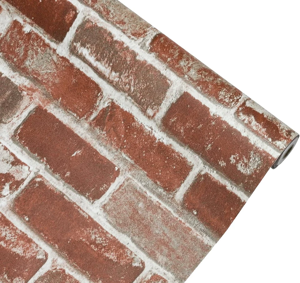 Papel pintado Hopeak rojo pelar y pegar ladrillo 17,5"x118" autoadhesivo Foto 2 de 4