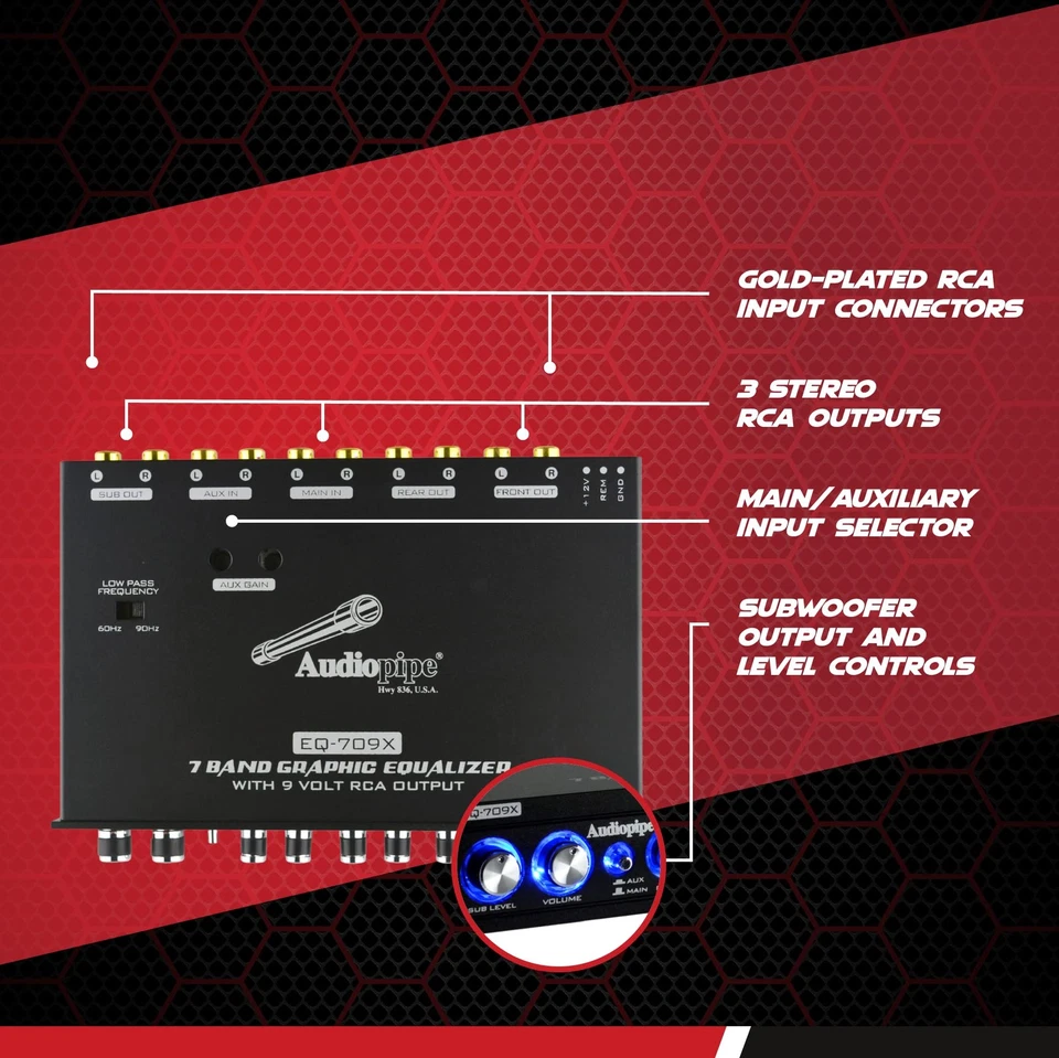 7 Band 9V Line Driver with Subwoofer Control Graphic Equalizer EQ-709X Audiopipe - Image 3 of 4