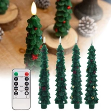 4PCS Christmas Tree Flameless Taper Candles Green with Remote Timer 3D Wick NEW
