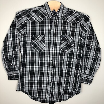 Wrangler Men's XLT Black White Plaid Pearl Snap Button Up Cowboy Western Shirt