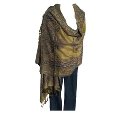 Shawl | Wool + Modal | Geometric Design | Handloomed | Tassels | Green & Gold