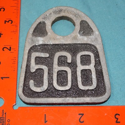 TWO SIDED  # 568 = VINTAGE HASCO ALUMINUM DAIRY CATTLE FARM COW TAG NEWPORT KY
