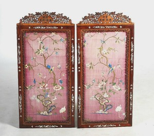 A large pair of embroidered silk panels, mother of pearl frames. Qing dynasty