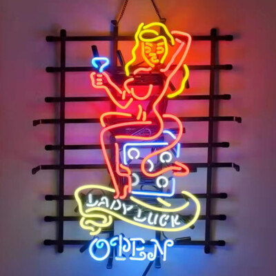 Lady Luck Casino Open Neon Sign Beer Bar Pub Casino Room Wall Decor 24x20