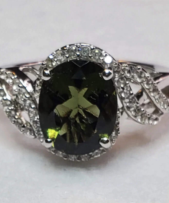 Moldavita genuina + circón blanco 3,45 ctw. en platino/plata S talla 8 nuevo sin etiquetas Foto 2 de 4