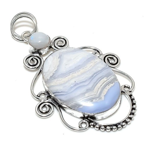 Pendentif Argent 925 Avec Agate Dentelle Bleue - Naturelle - Forme Larme - E-12