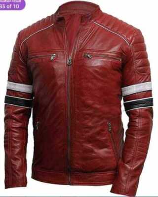 Herren Burgunderrot Biker Slim Fit Original Motorrad Cafe Racer Lederjacke
