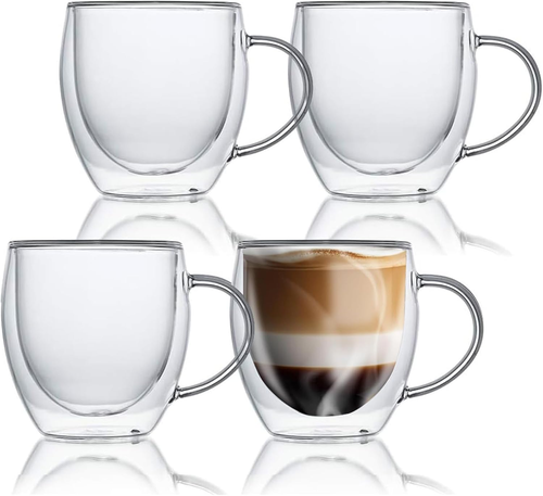 Double Wall Glass Coffee Mugs 8Oz Insulated Glass Mugs with Handles Tea Cup Set