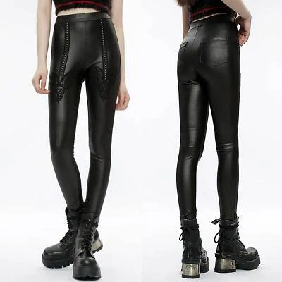 PUNK RAVE Gothic Border Treggings Glanz Leggings Schwarz Stretch Nieten Spitze - Bild 1 von 4