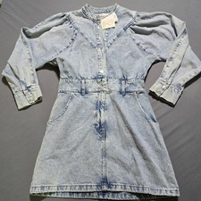 Mango Denim Dress Women Size S Light Blue Acid Wash Puff Sleeve Mini Button Up