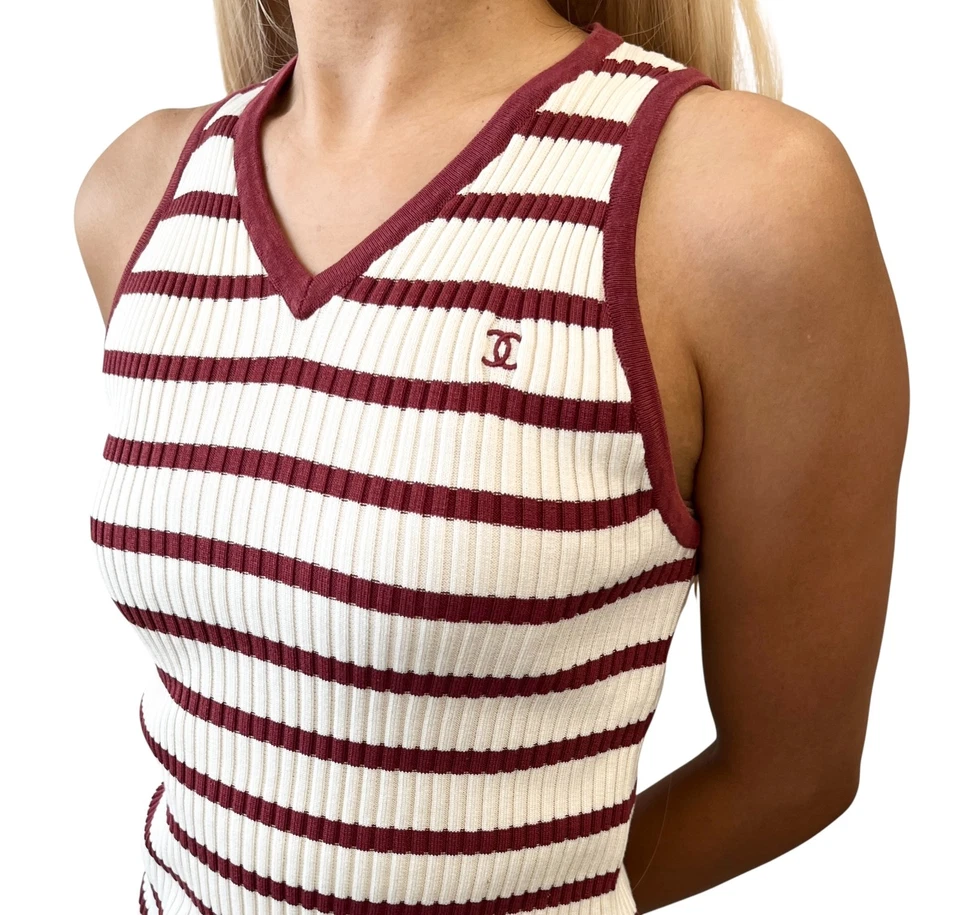 Camiseta sin mangas CHANEL Vintage 98P Marca CC Logo Punto Acanalado Rayas #40 Rojo Blanco Algodón Foto 3 de 4