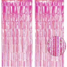 2 Pack 3.2x8.3ft Pink Foil Fringe Backdrop, Tinsel Door Curtain, Party, Wedding