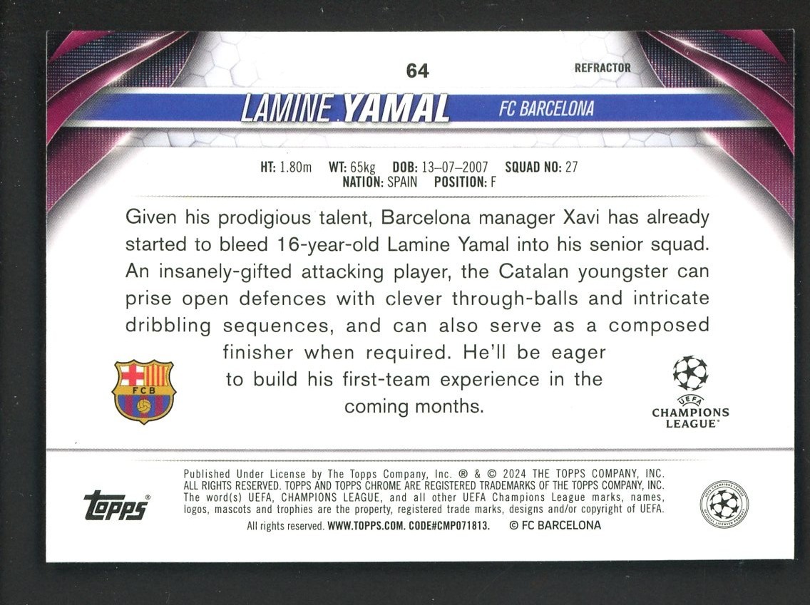 2023-24 Topps Chrome UEFA Soccer Refractor #64 Lamine Yamal RC Rookie view 2