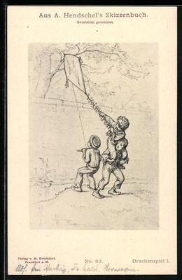 Artist postcard Albert Hendschel: three boys want to be their dragon from a branch 