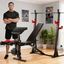 900LBS Olympic Weight Bench Set Adjustable Press with Squat Rack, Preacher Curl