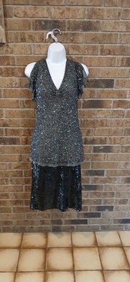 Adrianna Papell Sz M Dazzling Winds Sequin Top Smoke Gray 
