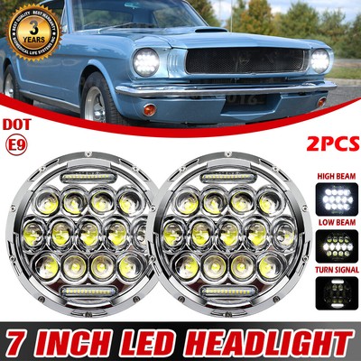 Pair 7'' Round Black LED Headlights Hi/Lo Beam DRL Lamp for Ford Mustang F-100 H4