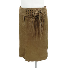 MixIt Suede Leather Knee Length Boho Fringe Tie Waist Skirt Size 6 Brown Beige